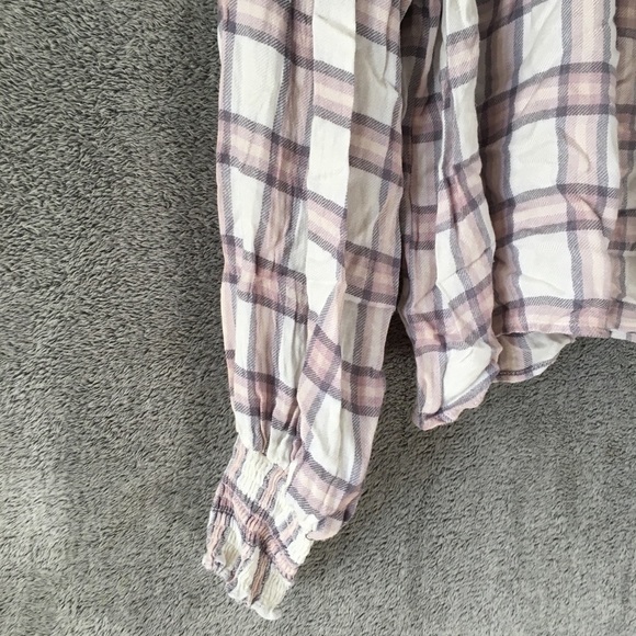 free People Plaid Ruffle Mock Neck Blouse- Sz Small - Picture 3 of 13